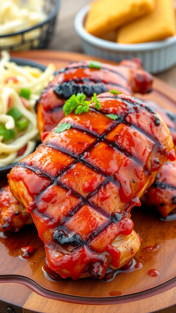 Grilled barbecue chicken on a wooden plate, garnished with parsley, with sides of coleslaw and cornbread.